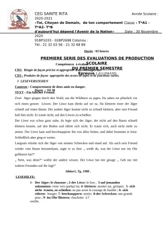 Première page de Allemand 4e ML, 3e ML, 2nde A2, 2nde B, 1ère A2, 1ère B, Tle A2, Tle B — Production scolaire (2020-2021) · CEG Sainte Rita
