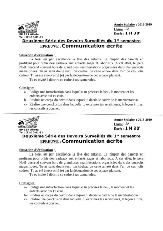 Première page de Français 5e — 2e devoir surveillé, 1er semestre (2018-2019) · CEG Sékou