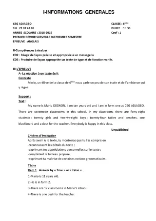 Première page de Anglais 6e — 1er devoir surveillé, 1er semestre (2018-2019) · CEG ADJAGBO