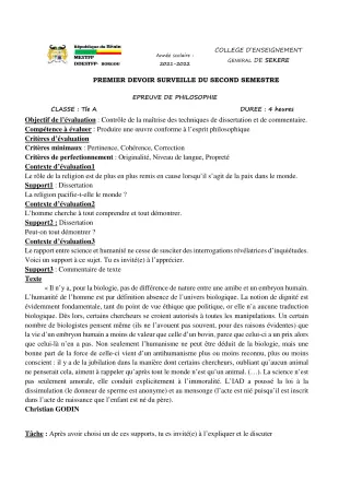 Première page de Philosophie Tle A2 — 1er devoir surveillé, 2e semestre (2021-2022) · CEG SEKERE