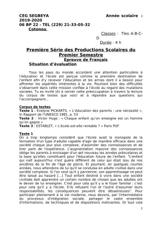 Première page de Français Tle A1, Tle A2, Tle B, Tle C, Tle D — 1re production scolaire, 1er semestre (2019-2020) · CEG SEGBEYA