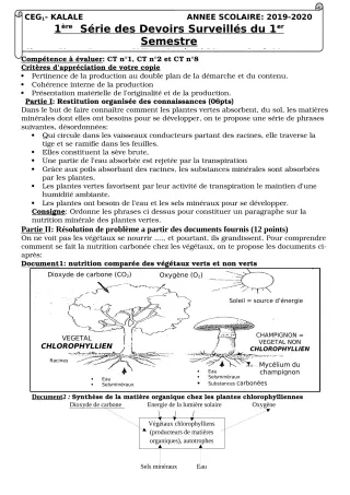 Première page de SVT 5e — 1er devoir surveillé, 1er semestre (2019-2020) · CEG1 Kalalé