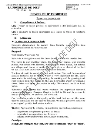 Première page de Anglais 5e — Devoir surveillé, 3e trimestre (2019-2020) · CEPG La Prunelle de Dieu