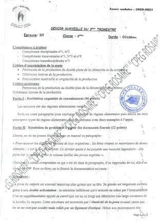 Première page de SVT 6e — 1er devoir surveillé (2020-2021) · CPEG ROSAIRE