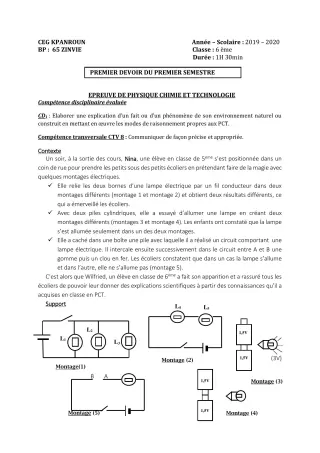Première page de PCT 6e — 1er devoir surveillé, 1er semestre (2019-2020) · CEG Kpanroun