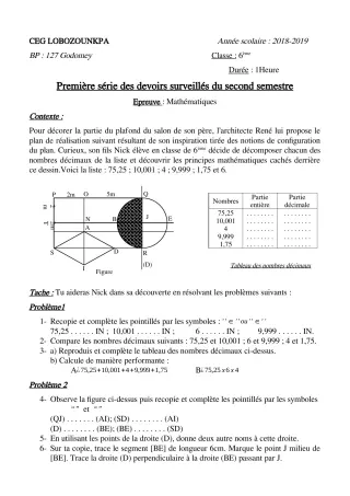Première page de Mathématiques 6e — 1er devoir surveillé, 2e semestre (2018-2019) · CEG Lobozounkpa