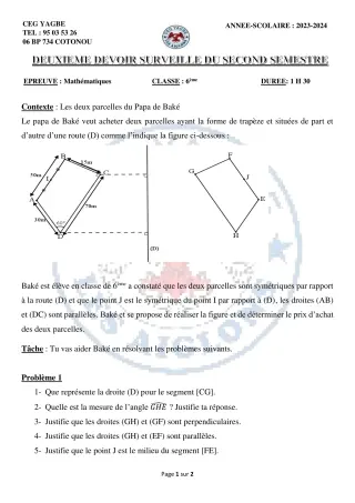 Première page de Mathématiques 6e — 2e devoir surveillé, 2e semestre (2023-2024) · CEG Yagbe