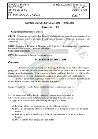 Première page de PCT 6e — 1er devoir surveillé, 2e trimestre (2019-2020) · CPEG GOD'S TIME