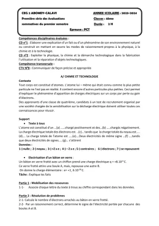 Première page de PCT 4e — 1re évaluation sommative, 1er semestre (2023-2024) · CEG2 ABOMEY - CALAVI (CEG ZOCA)