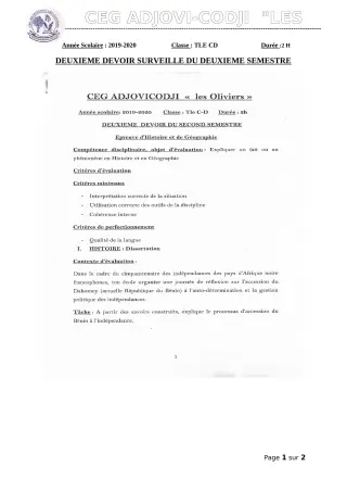 Première page de Histoire-Géographie Tle D — 2e devoir surveillé, 2e semestre (2019-2020) · CEG ADJOVICODJI 'LES OLIVIERS'