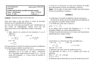 Première page de Mathématiques Tle A1, Tle A2, Tle B — 1er devoir surveillé, 1er semestre (2018-2019) · CEG Banikanni