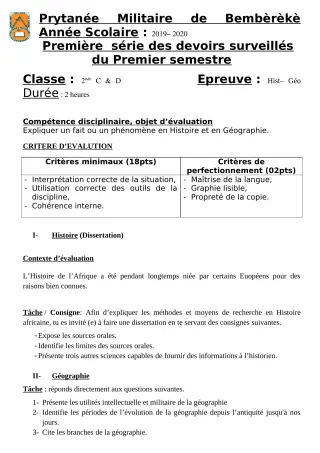 Première page de Histoire-Géographie 2nde C, 2nde D — 1er devoir surveillé, 1er semestre (2019-2020) · PMB