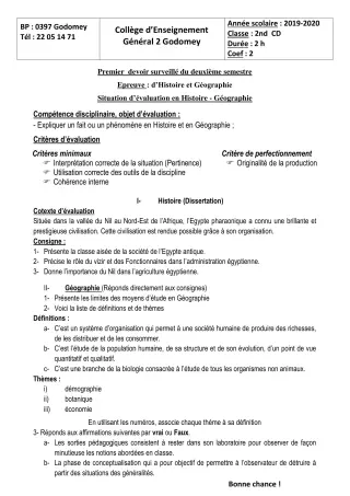 Première page de Histoire-Géographie 2nde C, 2nde D — 1er devoir surveillé, 2e semestre (2019-2020) · CEG2 Godomey