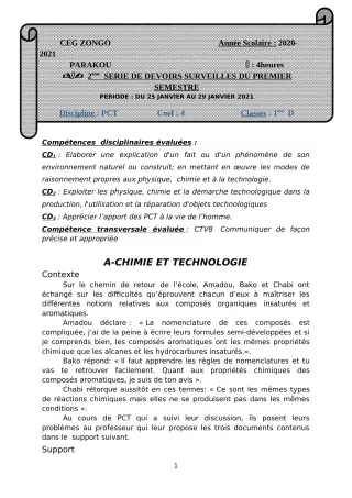 Première page de PCT 1ère D — 2e devoir surveillé, 1er semestre (2020-2021) · CEG ZONGO