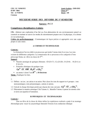 Première page de PCT 4e — 2e devoir surveillé, 1er semestre (2020-2021) · CEG LE NOKOUE