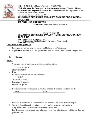 Première page de Histoire-Géographie 6e, 5e, 4e ML&MC, 3e, 3e ML, 2nde A2, 2nde B, 2nde C, 2nde D, 1ère A2, 1ère B, 1ère C, 1ère D, Tle A2, Tle B, Tle C, Tle D — Production scolaire, 1er semestre (2019-2020) · CEG Sai