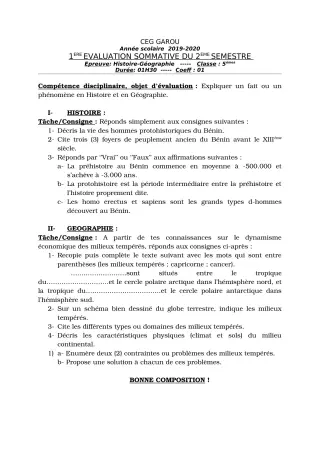 Première page de Histoire-Géographie 5e — 1re évaluation sommative, 2e semestre (2019-2020) · CEG GAROU