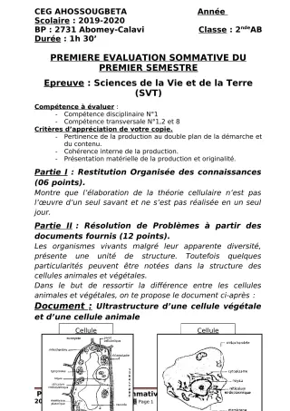 Première page de SVT 2nde A & B — 1re évaluation sommative, 1er semestre (2019-2020) · CEG Ahossougbéta
