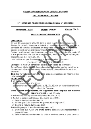 Première page de Mathématiques Tle D — 1re production scolaire, 1er semestre (2018-2019) · CEG Yoko