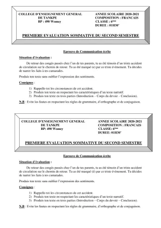 Première page de Français 6e, 5e, 4e, 3e, 3e ML, 2nde A2, 2nde B, 2nde C, 2nde D, 1ère A2, 1ère B, 1ère C, 1ère D, Tle A1, Tle A2, Tle B, Tle C, Tle D — 1re évaluation sommative, 2e semestre (2020-2021) · CEG Tankpè