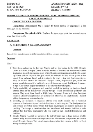 Première page de Anglais 2nde A, 2nde B — 2e devoir surveillé, 1er semestre (2020-2021) · CEG du Lac