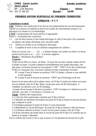 Première page de PCT 6e, 5e — 1er devoir surveillé, 1er trimestre (2023-2024) · CPEG SAINT Justin