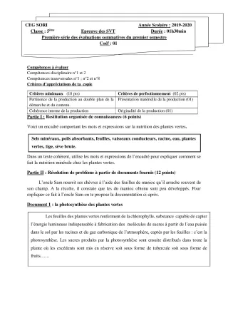 Première page de SVT 5e — 1re évaluation sommative, 1er semestre (2019-2020) · CEG SORI