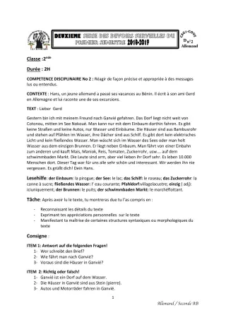 Première page de Allemand 2nde A & B — Devoir surveillé, 1er semestre (2018-2019) · CEG1 Covè