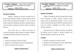 Première page de Français 4e — 1er devoir surveillé, 1er semestre (2019-2020) · CEG BAKA