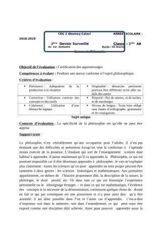 Première page de Philosophie 2nde A, 2nde B — 2e devoir surveillé, 1er semestre (2018-2019) · CEG2 ABOMEY - CALAVI (CEG ZOCA)