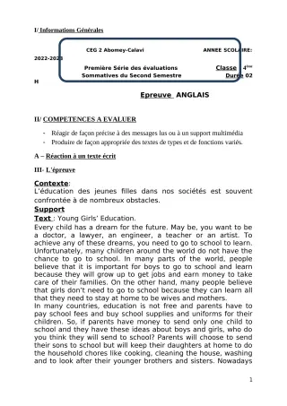 Première page de Anglais 4e — 1re évaluation sommative, 2e semestre (2022-2023) · CEG2 ABOMEY - CALAVI (CEG ZOCA)