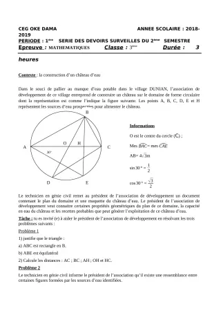 Première page de Mathématiques 3e — 1er devoir surveillé, 2e semestre (2018-2019) · CEG OKEDAMA