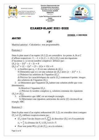 Première page de Examen Blanc de MATHS GENE — Tle F3, Tle F4 — LTCI KANDI (2021)