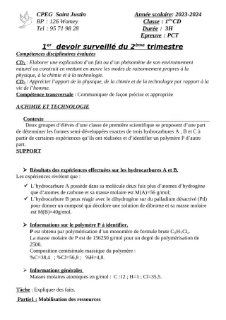 Première page de PCT 1ère D — 1er devoir surveillé, 2e trimestre (2023-2024) · CPEG SAINT Justin