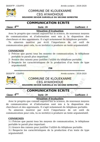Première page de Français 6e, 5e, 4e, 4e ML, 4e ML&MC, 3e, 3e ML — 2e devoir surveillé, 2e semestre (2019-2020) · CEG AYAHOHOUE