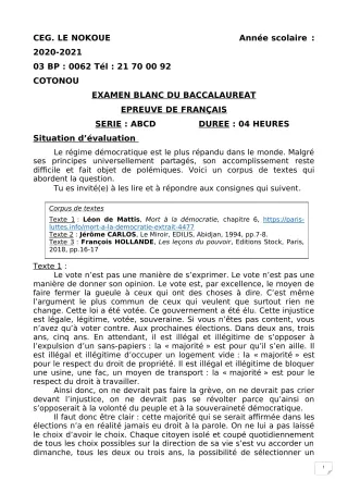Première page de Examen Blanc de FRANCAIS — Tle A1, Tle A2, Tle B, Tle C, Tle D — CEG LE NOKOUE (2020)