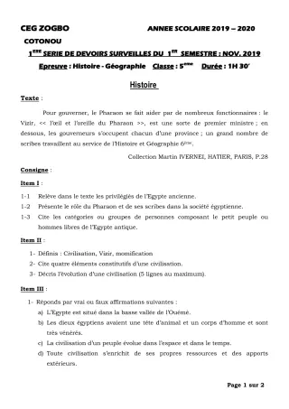 Première page de Histoire-Géographie 5e — 1er devoir surveillé, 1er semestre (2019-2020) · CEG ZOGBO