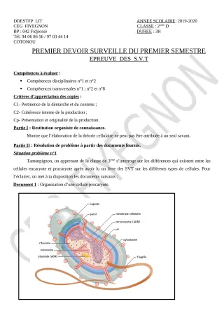 Première page de SVT 2nde C, 2nde D — 1er devoir surveillé, 1er semestre (2019-2020) · CEG FIYEGNON