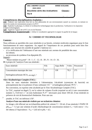 Première page de PCT Tle D — 2e évaluation sommative, 2e semestre (2022-2023) · CEG2 ABOMEY - CALAVI (CEG ZOCA)