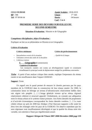 Première page de Histoire-Géographie 1ère A & B — 1er devoir surveillé, 2e semestre (2018-2019) · CEG3 OUIDAH