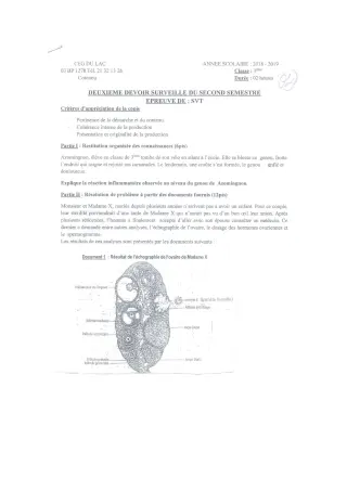 Première page de SVT 3e, 3e ML — 2e devoir surveillé, 2e semestre (2018-2019) · CEG du Lac