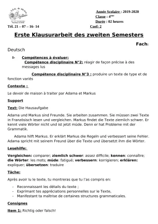 Première page de Allemand 4e ML — Devoir surveillé (2019-2020) · CEG Sô-Ava