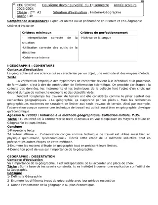 Première page de Histoire-Géographie 2nde A2 — 2e devoir surveillé, 1er semestre (2023-2024) · CEG SEKERE