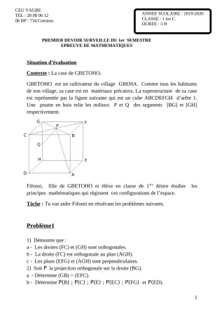 Première page de Mathématiques 1ère C — 1er devoir surveillé, 1er semestre (2019-2020) · CEG Yagbe