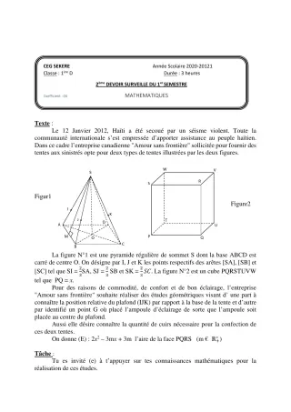 Première page de Mathématiques 1ère D — 2e devoir surveillé, 1er semestre (2020-2021) · CEG SEKERE
