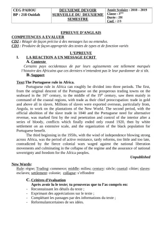 Première page de Anglais 3e, 3e ML — 2e devoir surveillé (2018-2019) · CEG PAHOU
