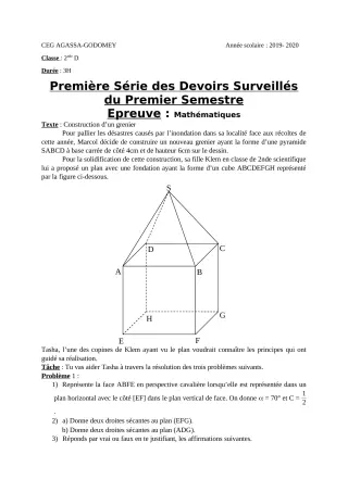 Première page de Mathématiques 2nde D — 1er devoir surveillé, 1er semestre (2019-2020) · CEG Agassa Godomey