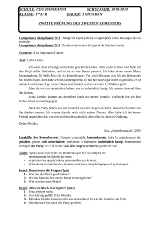 Première page de Devoir surveillé de ALLEMAND — 3e ML, 2nde A2, 2nde B, 1ère A2, 1ère B, Tle A & B, Tle A2 — CEG Banikanni (2018)