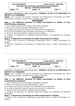 Première page de Histoire-Géographie 6e, 5e, 4e, 3e, 3e ML, 2nde A1, 2nde A2, 2nde D, 1ère A1, 1ère A2, 1ère D, Tle A1, Tle A2, Tle D — 2e devoir surveillé, 2e semestre (2020-2021) · CEG KOKO