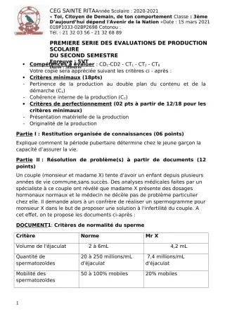 Première page de SVT 3e — Production scolaire, 2e semestre (2020-2021) · CEG Sainte Rita